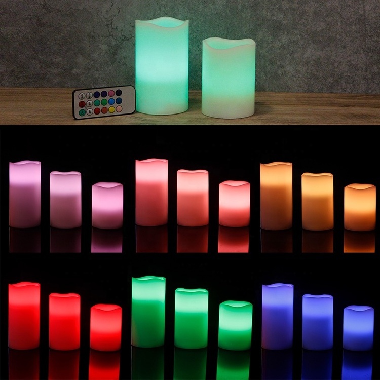 Set of 2 Real Wax Fake LED Pillar Color Changing Flameless Candles With Remote Control