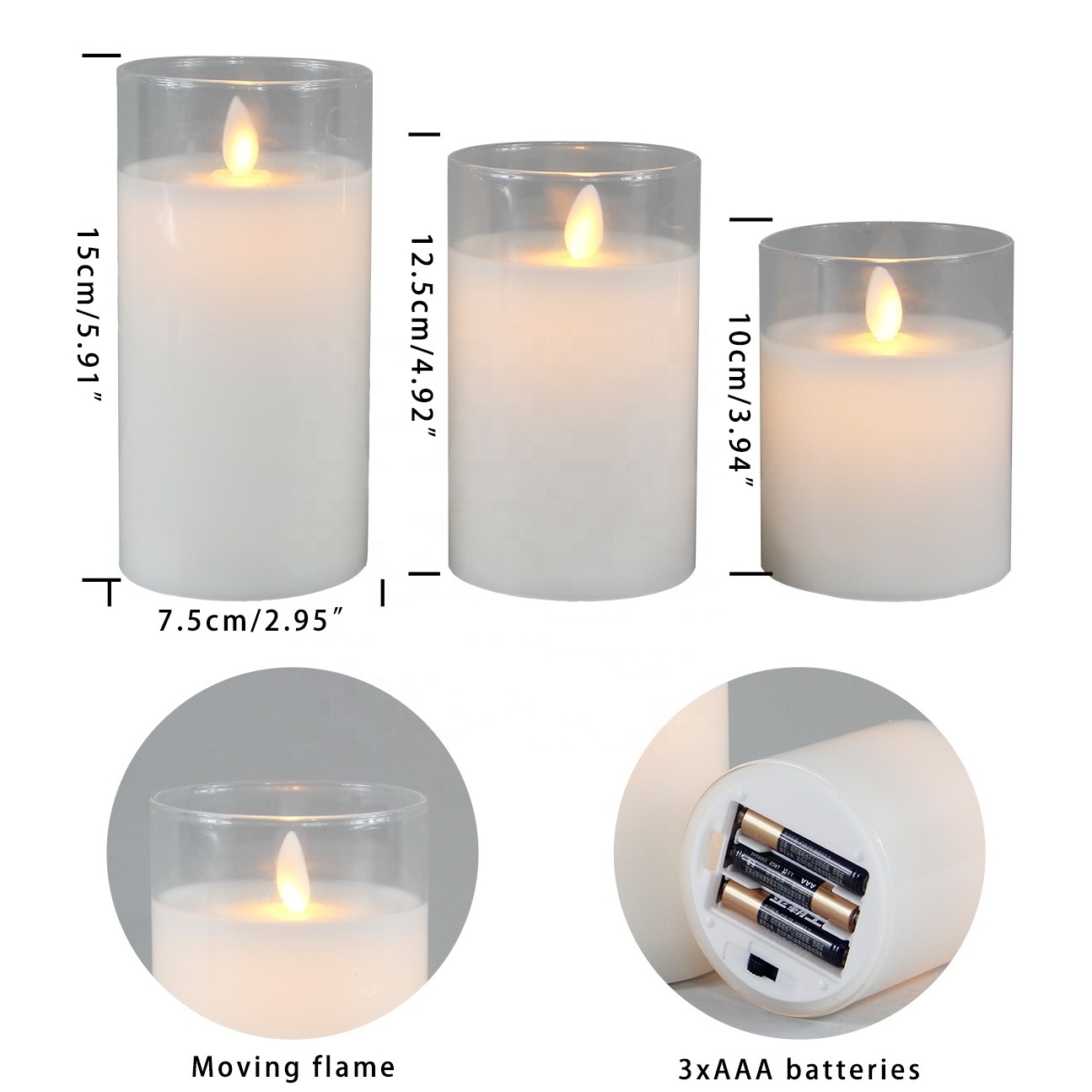 Wedding Decorative Set Of 3 White Pillar Real Wax Battery Operated Electric Clear Glass Flameless LED Candles With Moving Flame