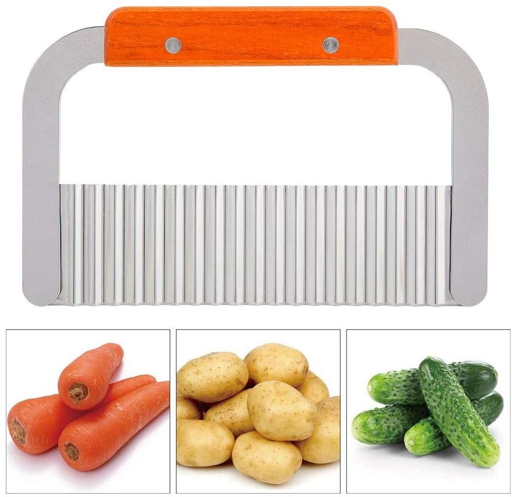 Potato Crinkle Cutter Tool,Stainless Steel Creative Wave Potato Cutting Tool,Wooden Handle Blade Kitchen Vegetable Strips Cutter