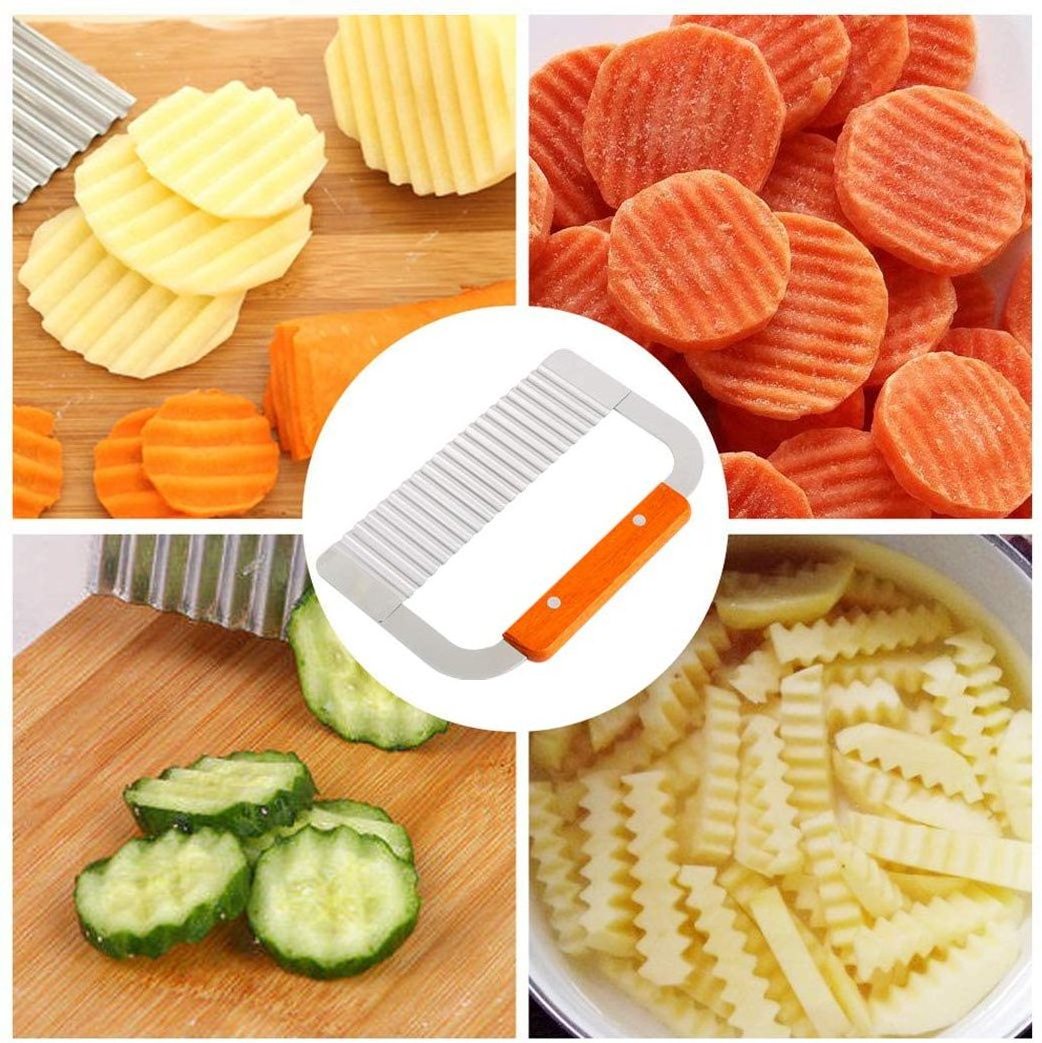 Potato Crinkle Cutter Tool,Stainless Steel Creative Wave Potato Cutting Tool,Wooden Handle Blade Kitchen Vegetable Strips Cutter