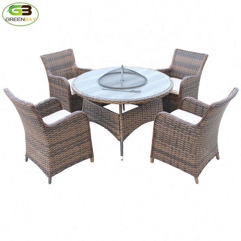 5 piece aluminum patio dining  fire pit modern wicker table 4 rattan cushioned rattan outdoor Garden furniture set