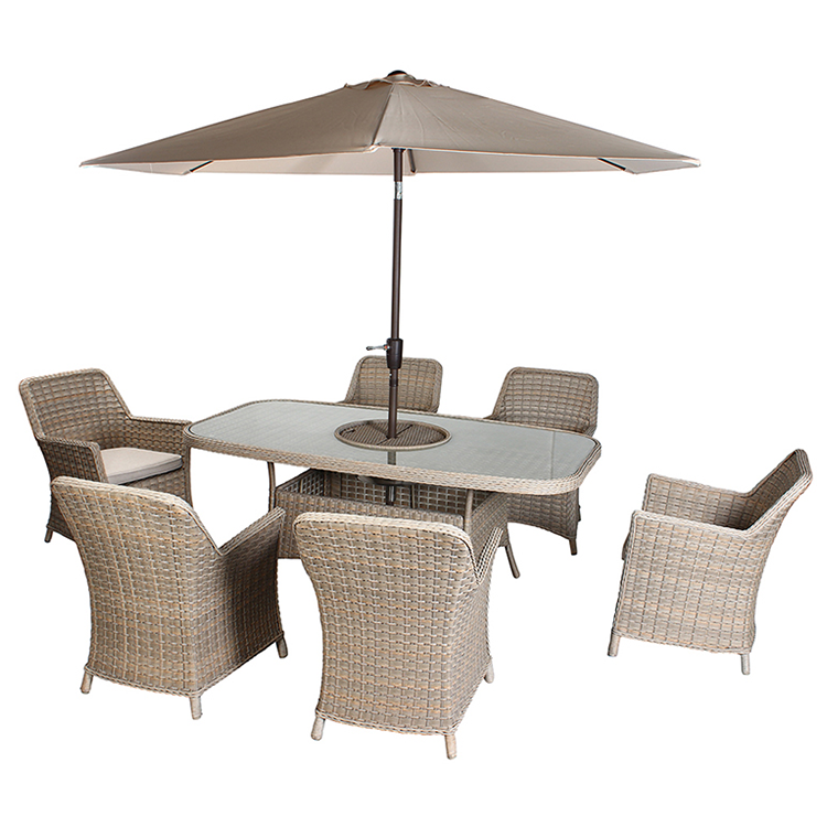 Manufacture factory direct sale 7 piece outdoor rattan dining  furniture garden patio set with umbrella