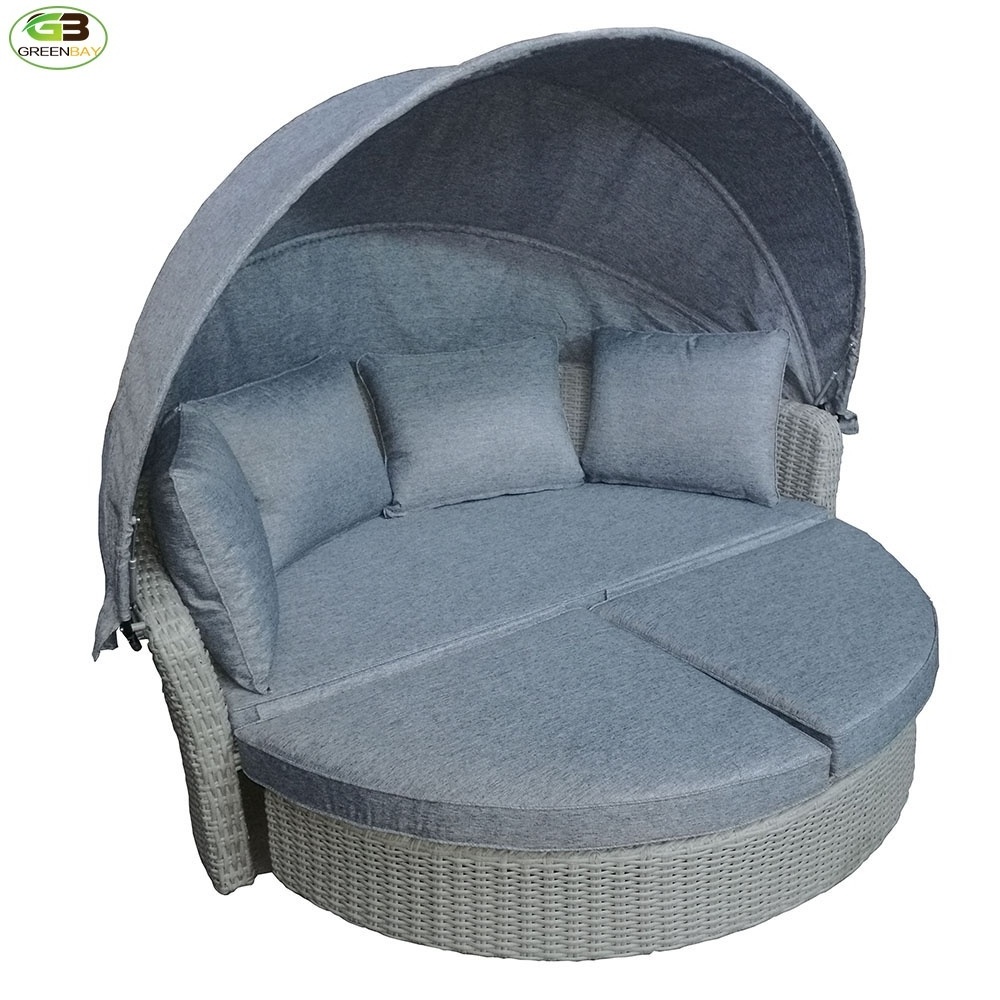 Outdoor Garden Rattan Furniture Wicker Patio Cushion Garden Set Adjustable canopy Lounge with awning round  sunbed