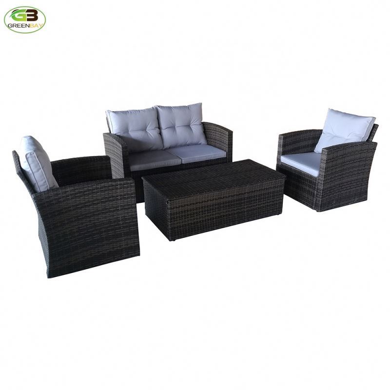 Classic Traditional Rattan Garden Furniture Light Gray PE Wicker Padded Cushion Sofa Set for Outdoor Patio Dining Use