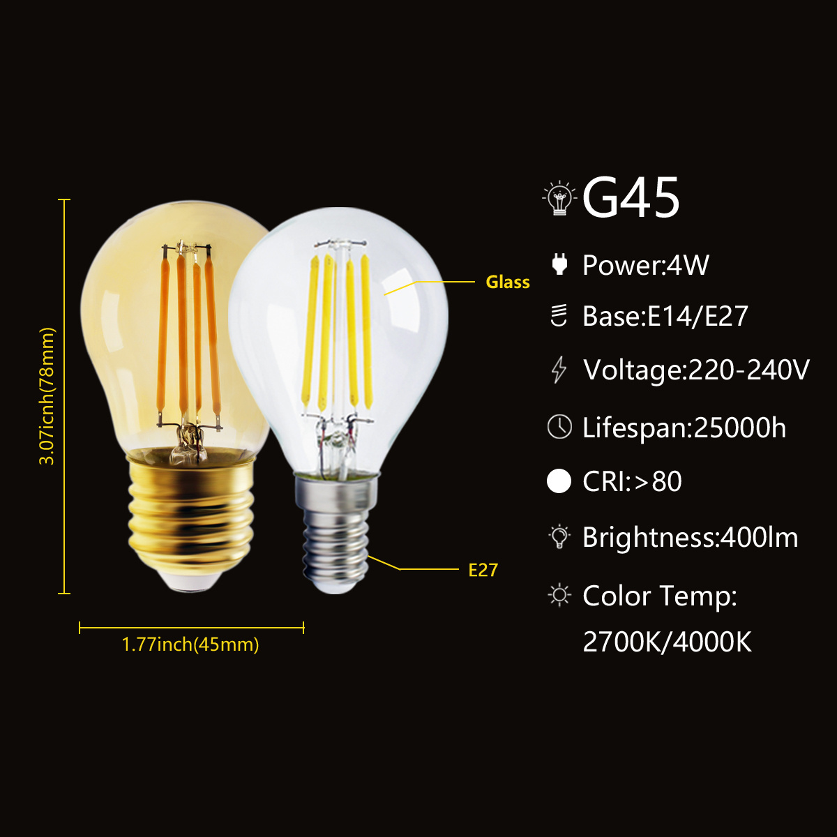 AC220-240V Ultra Bright 4W E14 E27 G45 LED glass filament antique Edison LED bulbs for outdoor balcony interior decoration