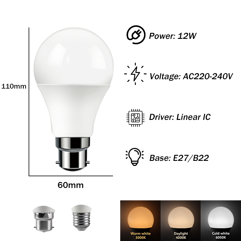 LED High Brightness High Lumen A60 E27/B22 12W 220V Warm White Light No Flicker Bulb for Home Bedroom