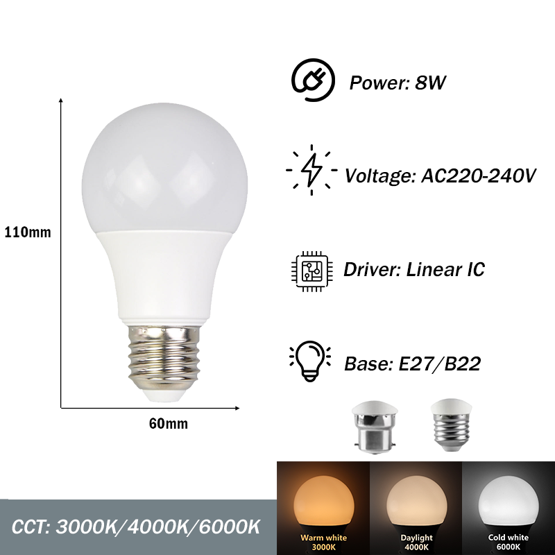 LED high brightness A60 energy saving E27/B22 8W 220V warm white light bulb for home living room