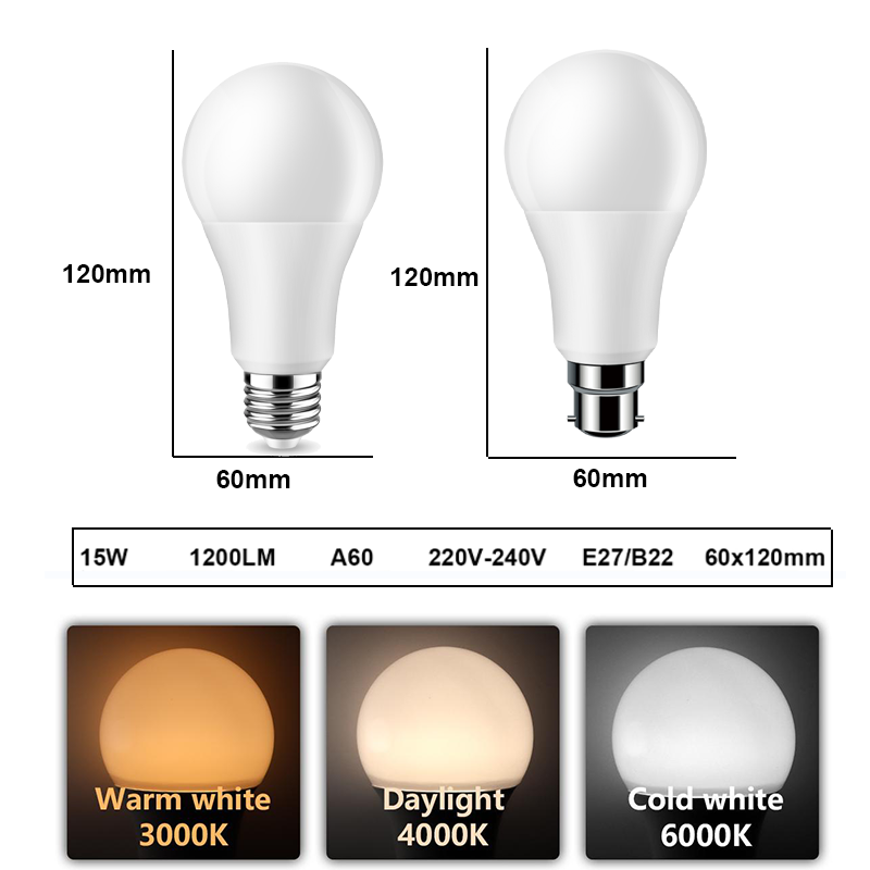 LED High Lumen A60 E27/B22 15W 220V 3000K 4000K 6000K Light No Flicker Bulb Wholesale for Home Bedroom