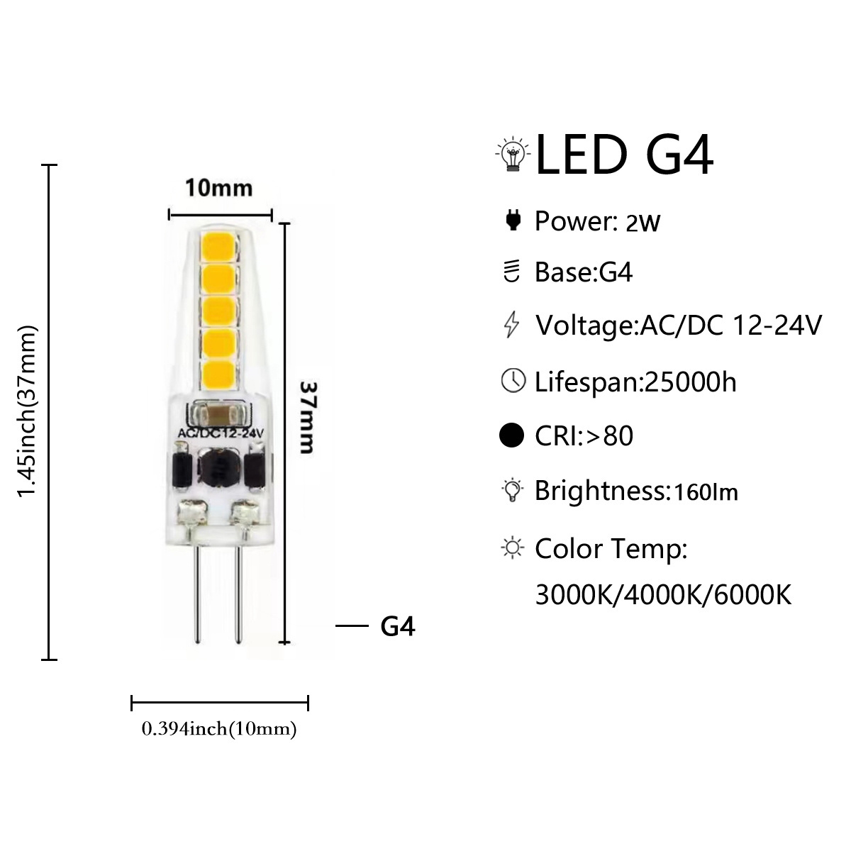 Transparent silica gel,AC 12-24V 2W warm white light no filcker G4 LED mini bulb Adjustable light lights suitable for Night