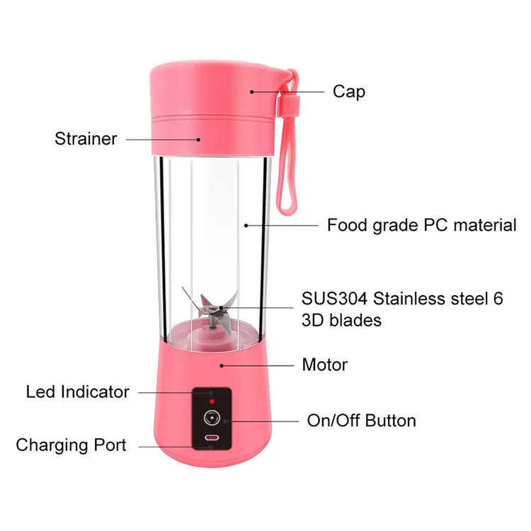 Portable USB Rechargeable  Electric Smart Mini  380ML Personal  Fresh Fruit Blender Juicer Machine