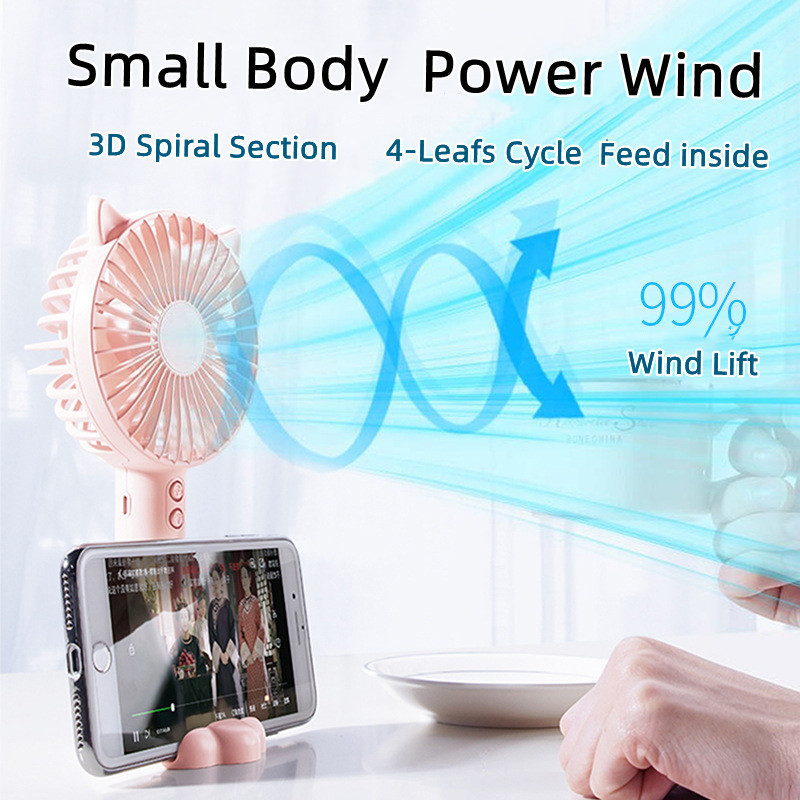 Car Ear Portable USB Rechargeable Hand Held Fan Electric Travel Small Desktop Office Cooling  Mini Fan With Cell Phone Holder