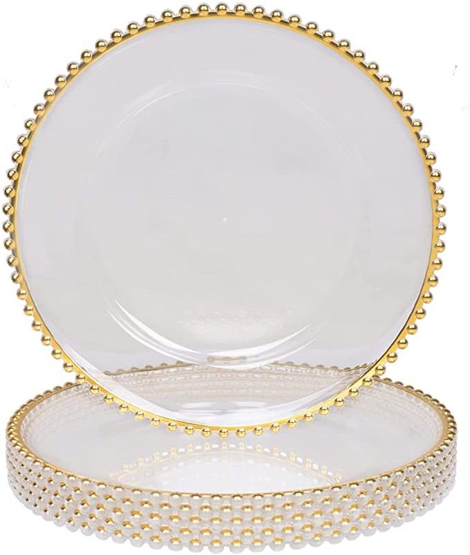 Wholesale Price Bulk 13'' Rose Gold Rim Clear Glass Decorative Beaded Under Plastic Charger Plates For Wedding