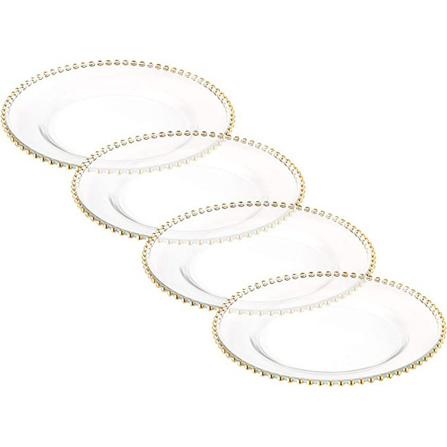 Wholesale Price Bulk 13'' Rose Gold Rim Clear Glass Decorative Beaded Under Plastic Charger Plates For Wedding