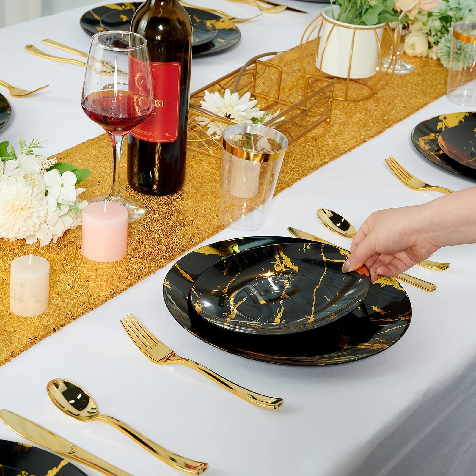 Popular Luxury Nordic Black Gold Marble Plastic Dinnerware Set Plastic Dinner Set For Restaurant Wedding Party