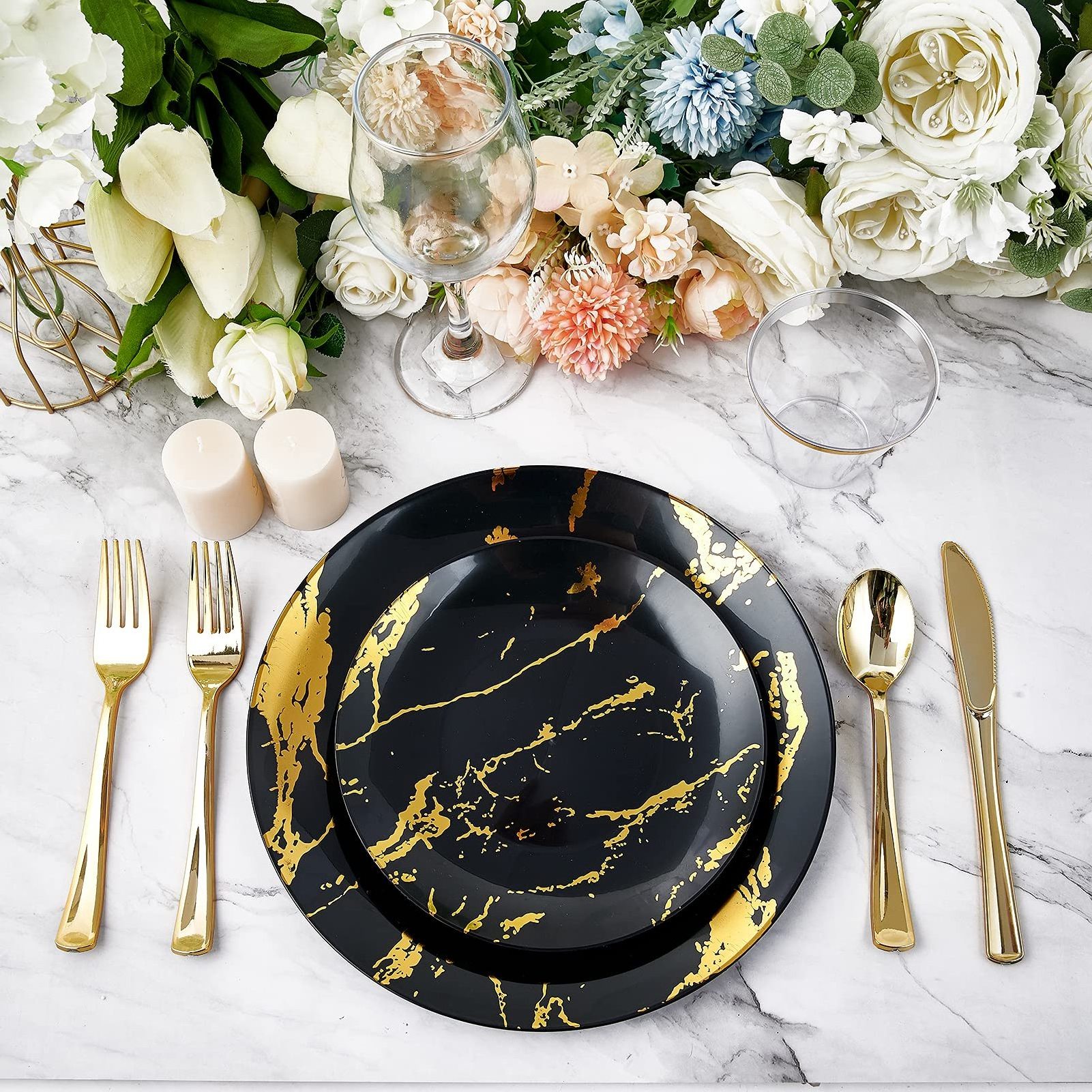 Popular Luxury Nordic Black Gold Marble Plastic Dinnerware Set Plastic Dinner Set For Restaurant Wedding Party