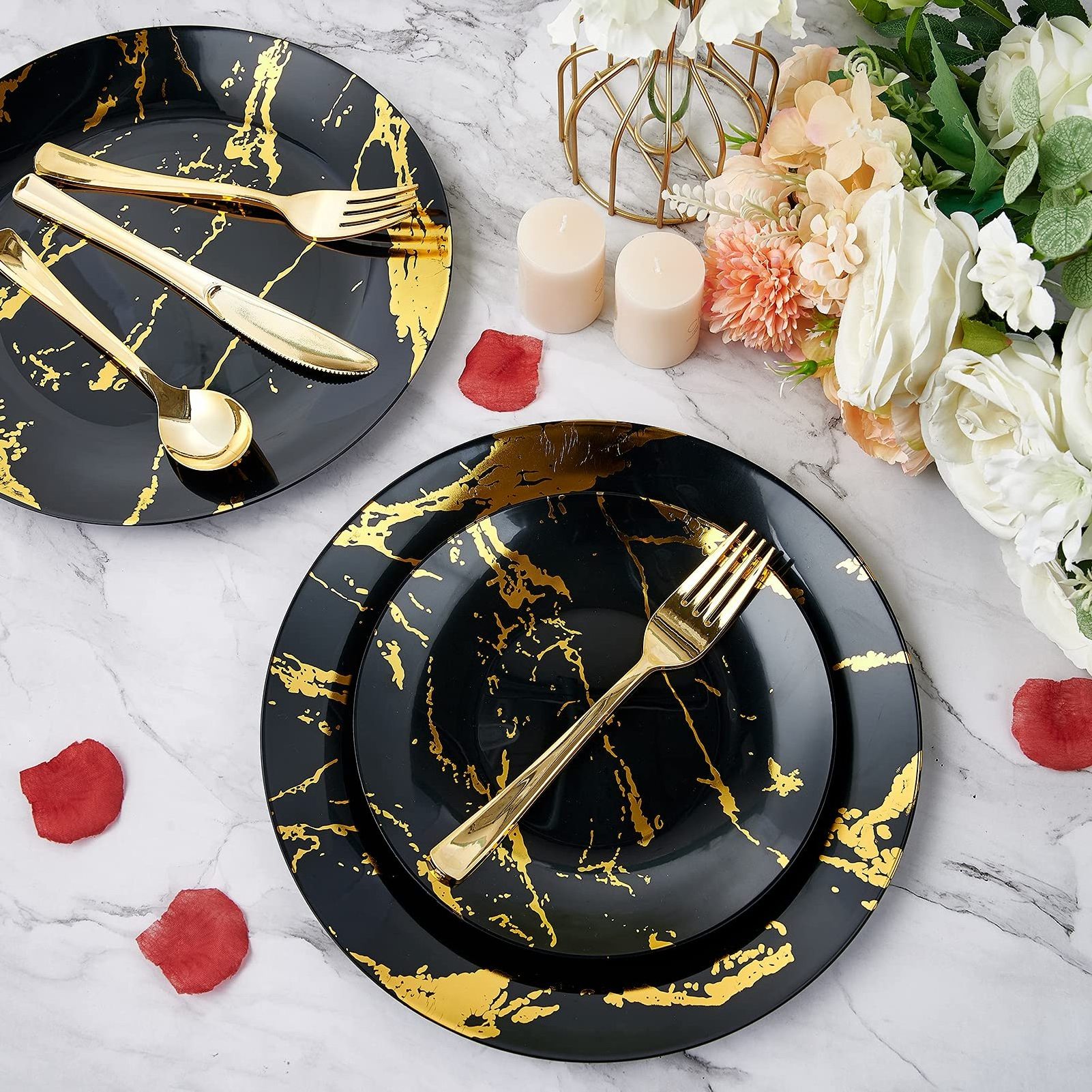 Popular Luxury Nordic Black Gold Marble Plastic Dinnerware Set Plastic Dinner Set For Restaurant Wedding Party