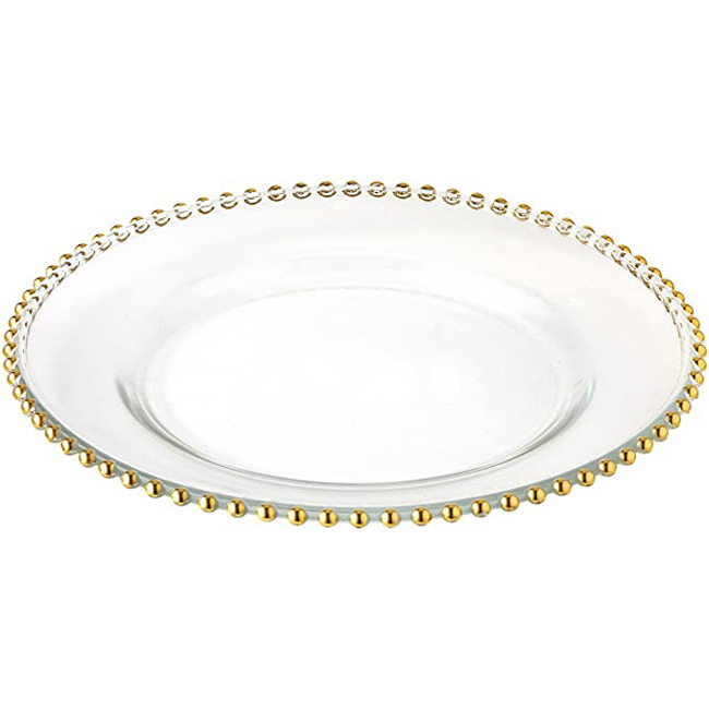 Wholesale Price Bulk 13'' Rose Gold Rim Clear Glass Decorative Beaded Under Plastic Charger Plates For Wedding