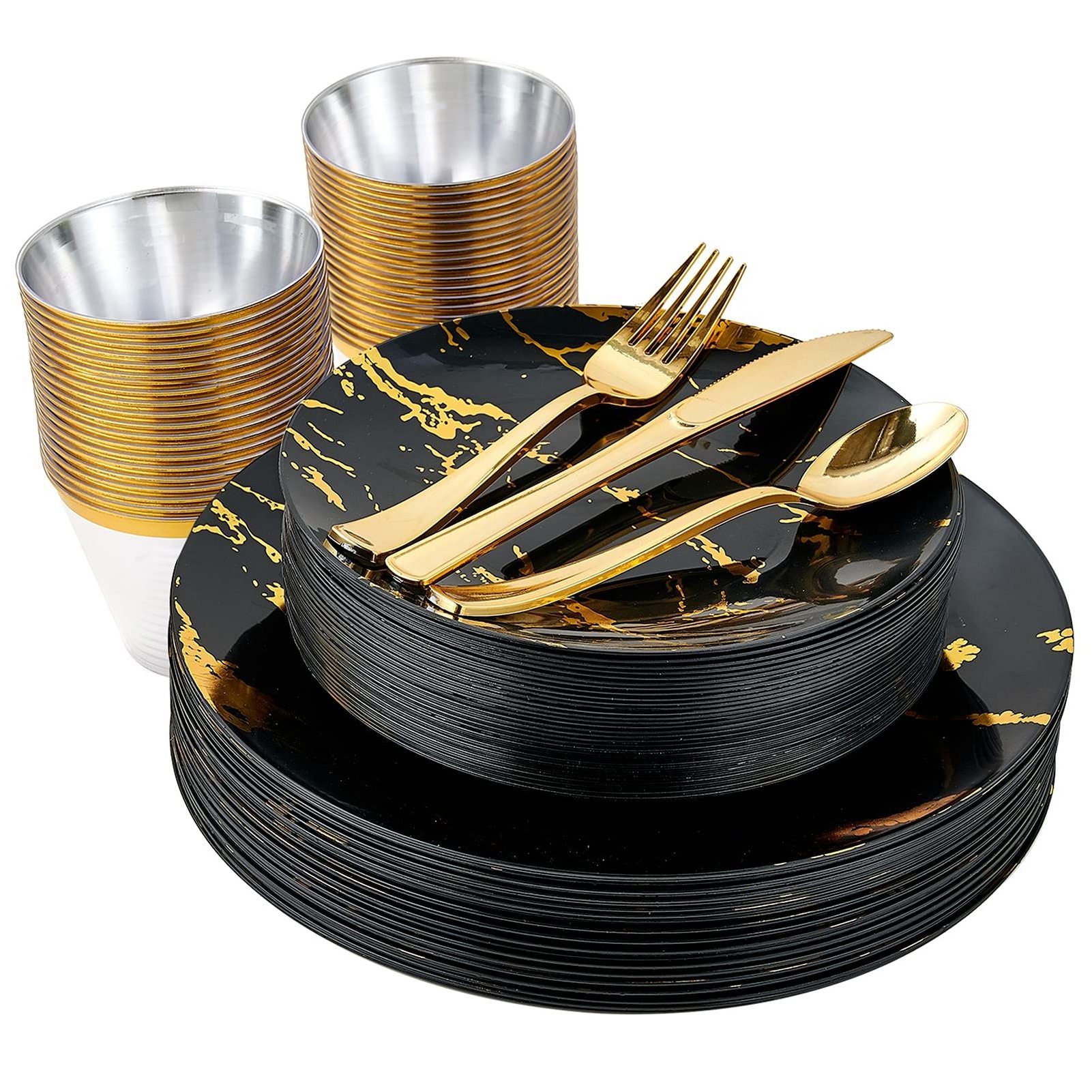 Popular Luxury Nordic Black Gold Marble Plastic Dinnerware Set Plastic Dinner Set For Restaurant Wedding Party