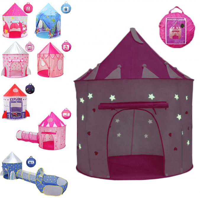 Glow In The Dark Conveniently Folds Stars Princess Pink Castle Play Tent