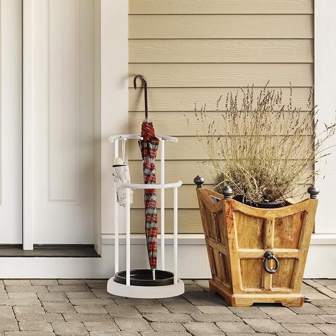 White Umbrella Stands Rack for Entryway Metal Umbrella Holder with Removable Water Tray, Free Standing Organizer