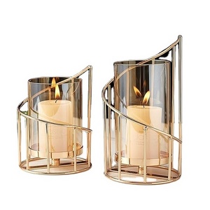 Metal Wire Candle Holder Set of 2 Glass Pillar Candle Holders Gold Decorative Tea Light Candleholders for Home Decor Table