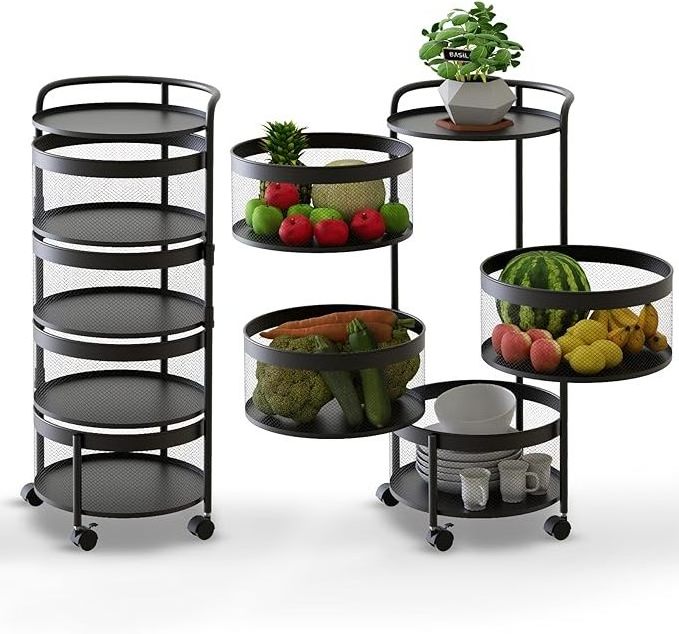 4-Tier Round Metal Storage Basket Shelves Rotating Tower Organizer Rolling Wheels with 4 Drawers for Fruit Vegetable Grocer