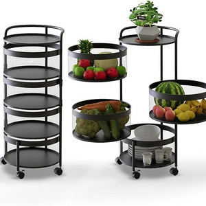 4-Tier Round Metal Storage Basket Shelves Rotating Tower Organizer Rolling Wheels with 4 Drawers for Fruit Vegetable Grocer