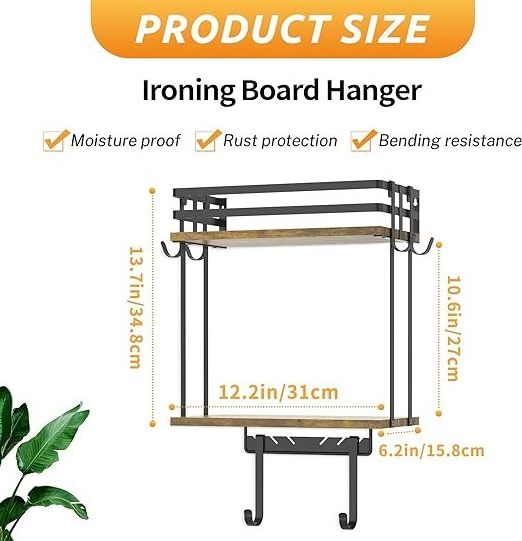 Laundry Room Shelves with Wooden Large Storage Basket and 6 Removable Hooks  Metal Black Iron Board Hanger Rack Organization