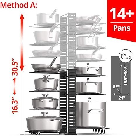 Expandable Rack Pan Organizer Rack Pull Out Cabinet with Adjustable Length Pot Stacker Up to 13 Pans