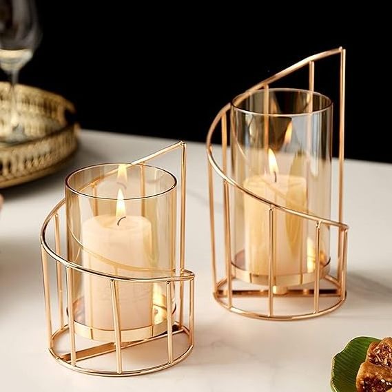 Metal Wire Candle Holder Set of 2 Glass Pillar Candle Holders Gold Decorative Tea Light Candleholders for Home Decor Table