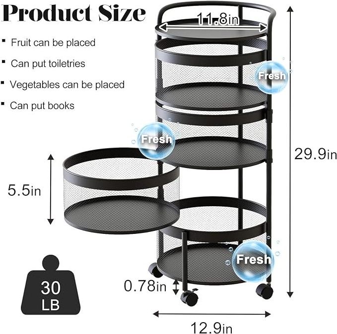 4-Tier Round Metal Storage Basket Shelves Rotating Tower Organizer Rolling Wheels with 4 Drawers for Fruit Vegetable Grocer