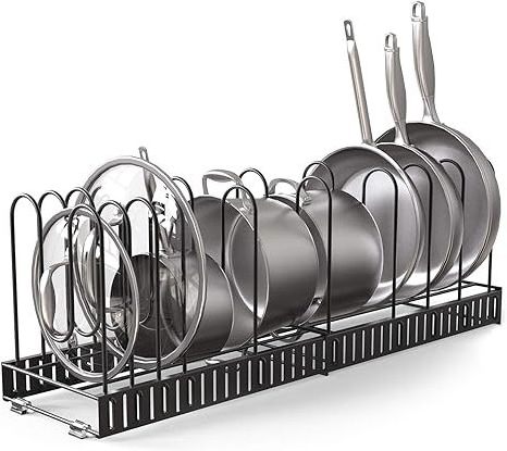 Expandable Rack Pan Organizer Rack Pull Out Cabinet with Adjustable Length Pot Stacker Up to 13 Pans