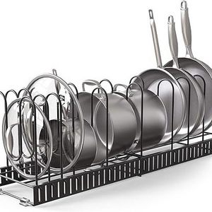 Expandable Rack Pan Organizer Rack Pull Out Cabinet with Adjustable Length Pot Stacker Up to 13 Pans