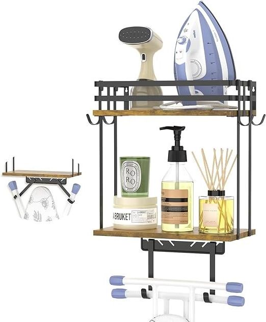 Laundry Room Shelves with Wooden Large Storage Basket and 6 Removable Hooks  Metal Black Iron Board Hanger Rack Organization