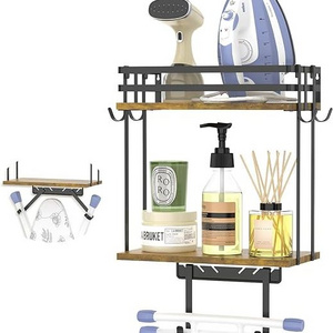 Laundry Room Shelves with Wooden Large Storage Basket and 6 Removable Hooks  Metal Black Iron Board Hanger Rack Organization