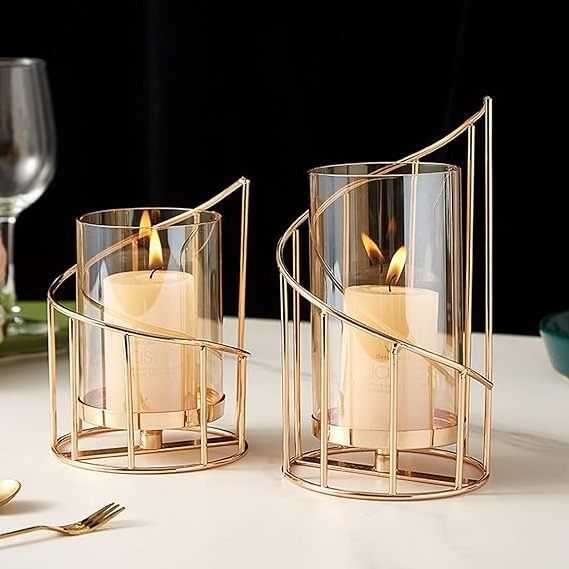 Metal Wire Candle Holder Set of 2 Glass Pillar Candle Holders Gold Decorative Tea Light Candleholders for Home Decor Table