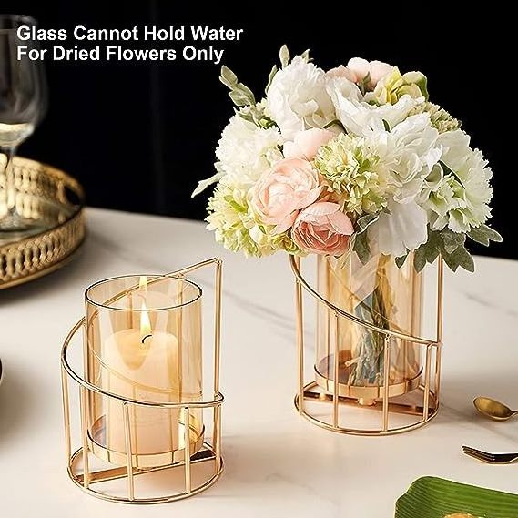 Metal Wire Candle Holder Set of 2 Glass Pillar Candle Holders Gold Decorative Tea Light Candleholders for Home Decor Table