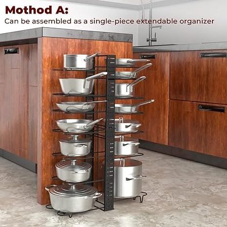 Expandable Rack Pan Organizer Rack Pull Out Cabinet with Adjustable Length Pot Stacker Up to 13 Pans