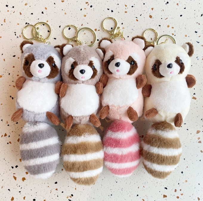 Cute long-tail raccoon plush toy keychain pendant cartoon bag hanging doll machine figure