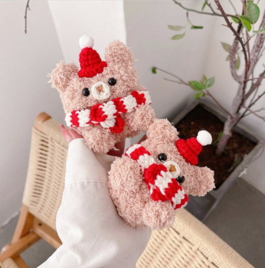 Plush red scarf Bear applies to Apple Bluetooth earphone cover AirPods pro1/2/3 Generation soft case