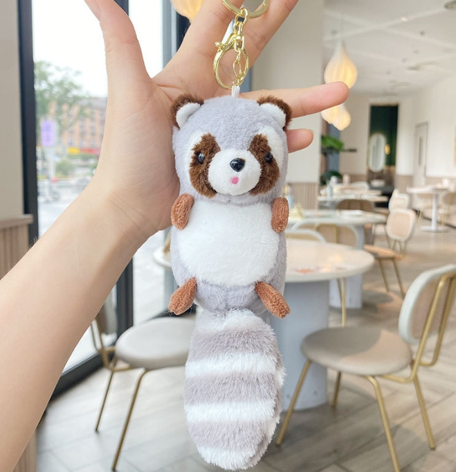 Cute long-tail raccoon plush toy keychain pendant cartoon bag hanging doll machine figure