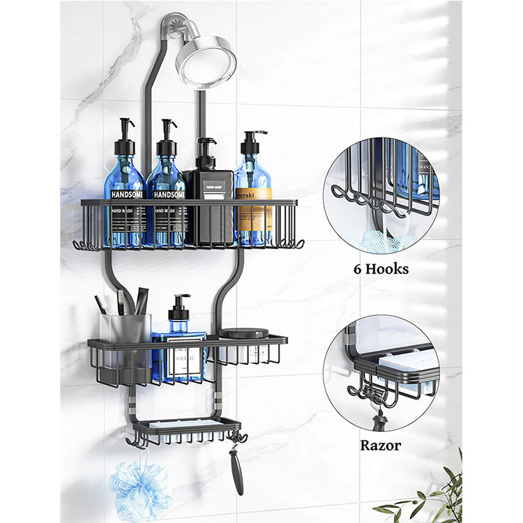 Customize Large-capacity Aanti-rust Perforation-free hanging shower head hanging rack Wall mounted bathroom storage rack