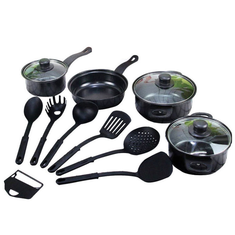 Wholesale cheap 13pcs cookware sets cooking pot Non Stick Black Cook Pot Set with Glass Lid Iron cookware sets