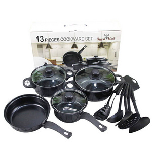 Wholesale cheap 13pcs cookware sets cooking pot Non Stick Black Cook Pot Set with Glass Lid Iron cookware sets