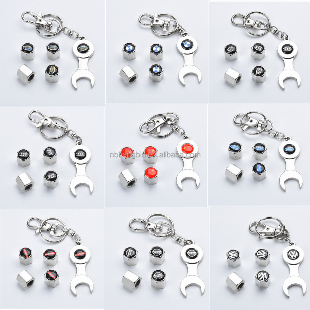 Custom logo key chain tire valve stem caps with rubber seal car tire caps air dust covers universal for car motorcycle bike