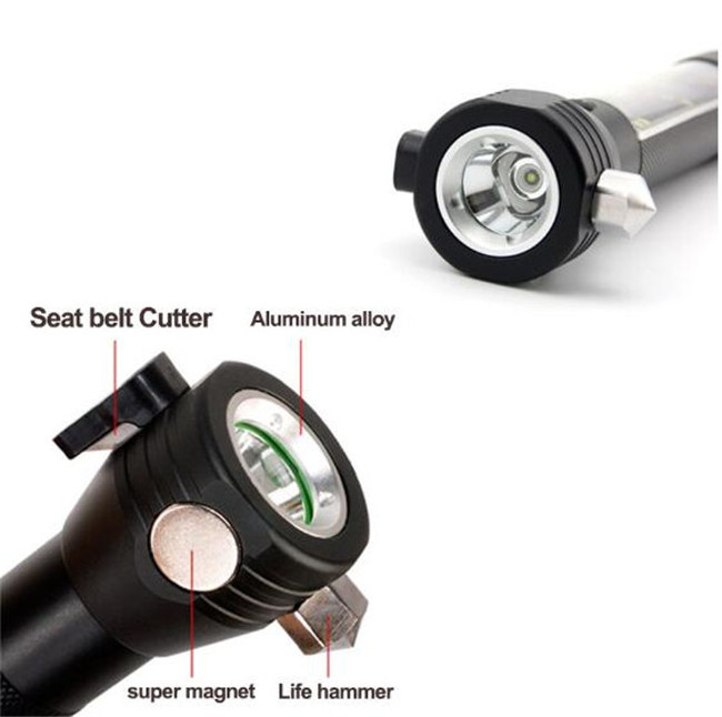 Solar Rechargeable LED Flashlight Outdoor Emergency Hammer Compass Torch with magnetic base