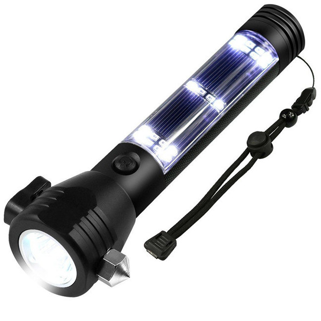 Solar Rechargeable LED Flashlight Outdoor Emergency Hammer Compass Torch with magnetic base