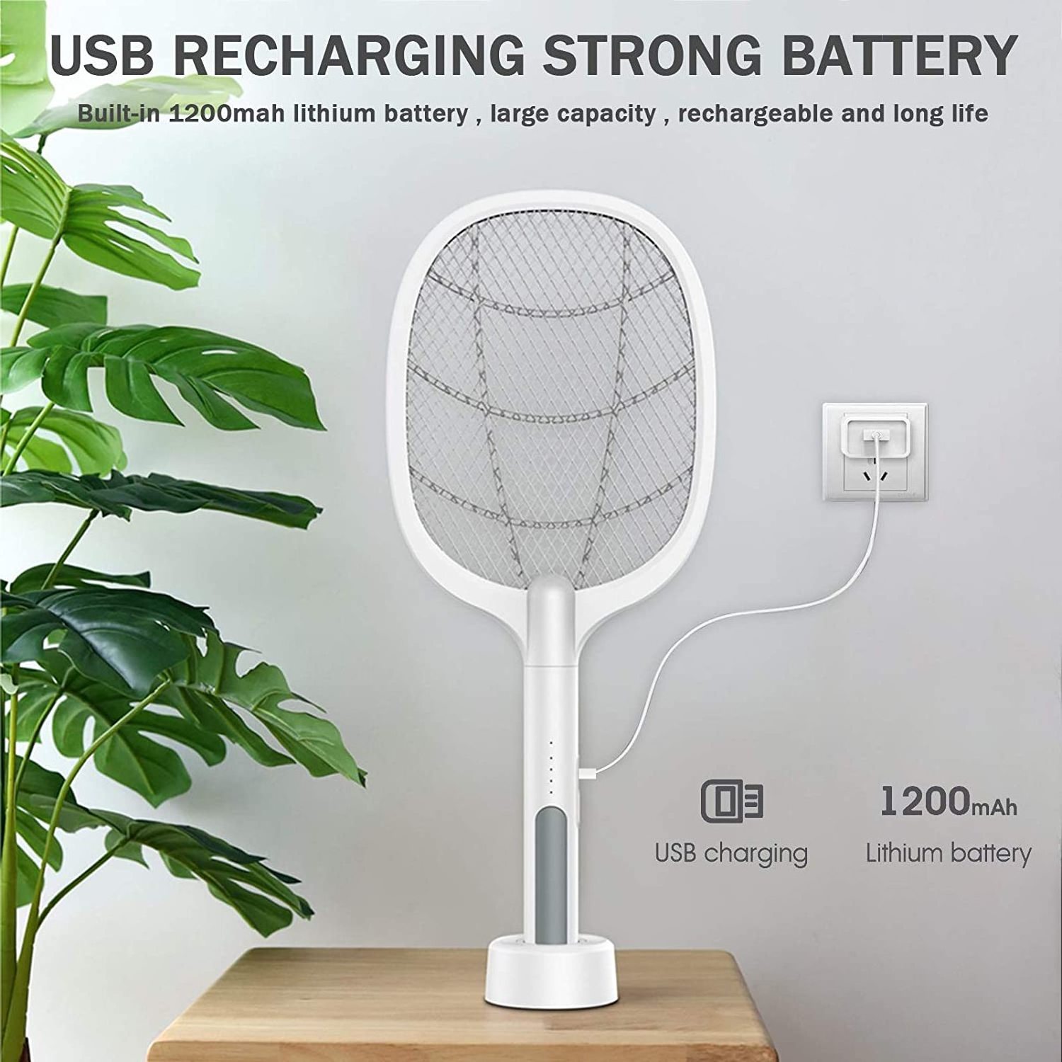 Built in 1200mAh Battery USB Rechargeable Bug Zapper Racket Large Electric Fly Swatter Mosquito Killer for Indoor and Outdoor