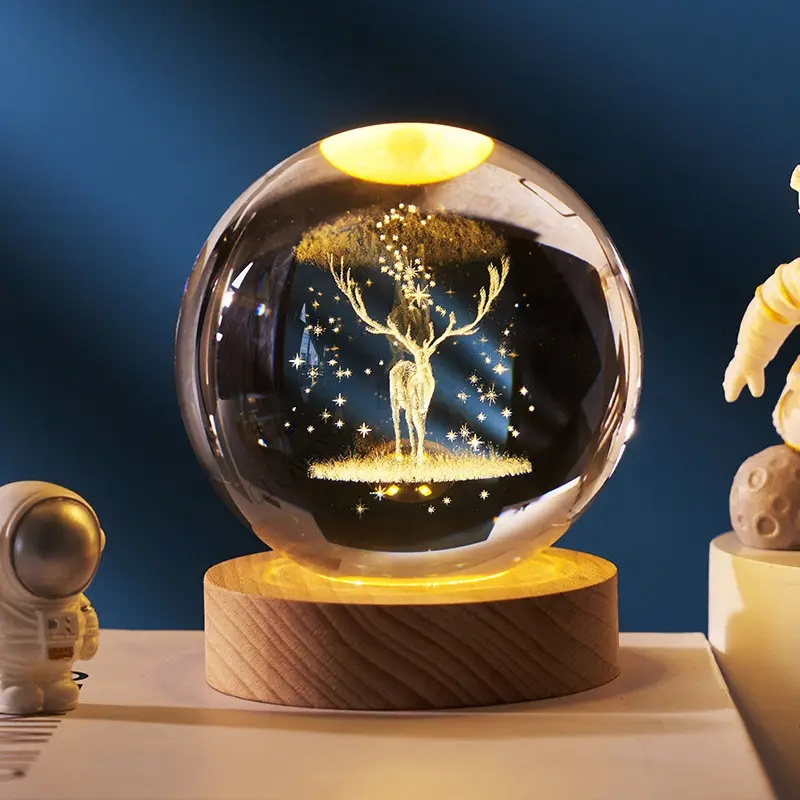 8cm Wood Base 3D Galactic Solar System Ambient Unique Crystal Ball Light Led Night Light For Gift