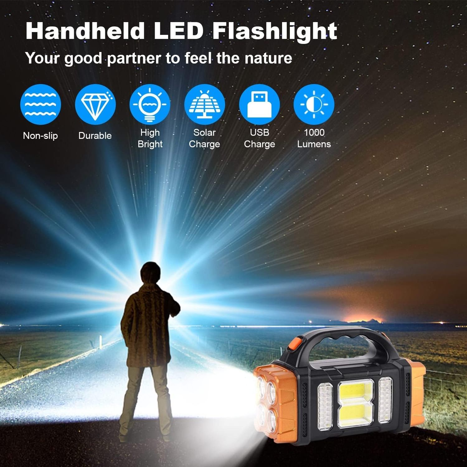 High Bright Rechargeable Portable LED Searchlight 8 Modes Spotlight Two Side Solar Handheld Flashlight with COB Sidelight